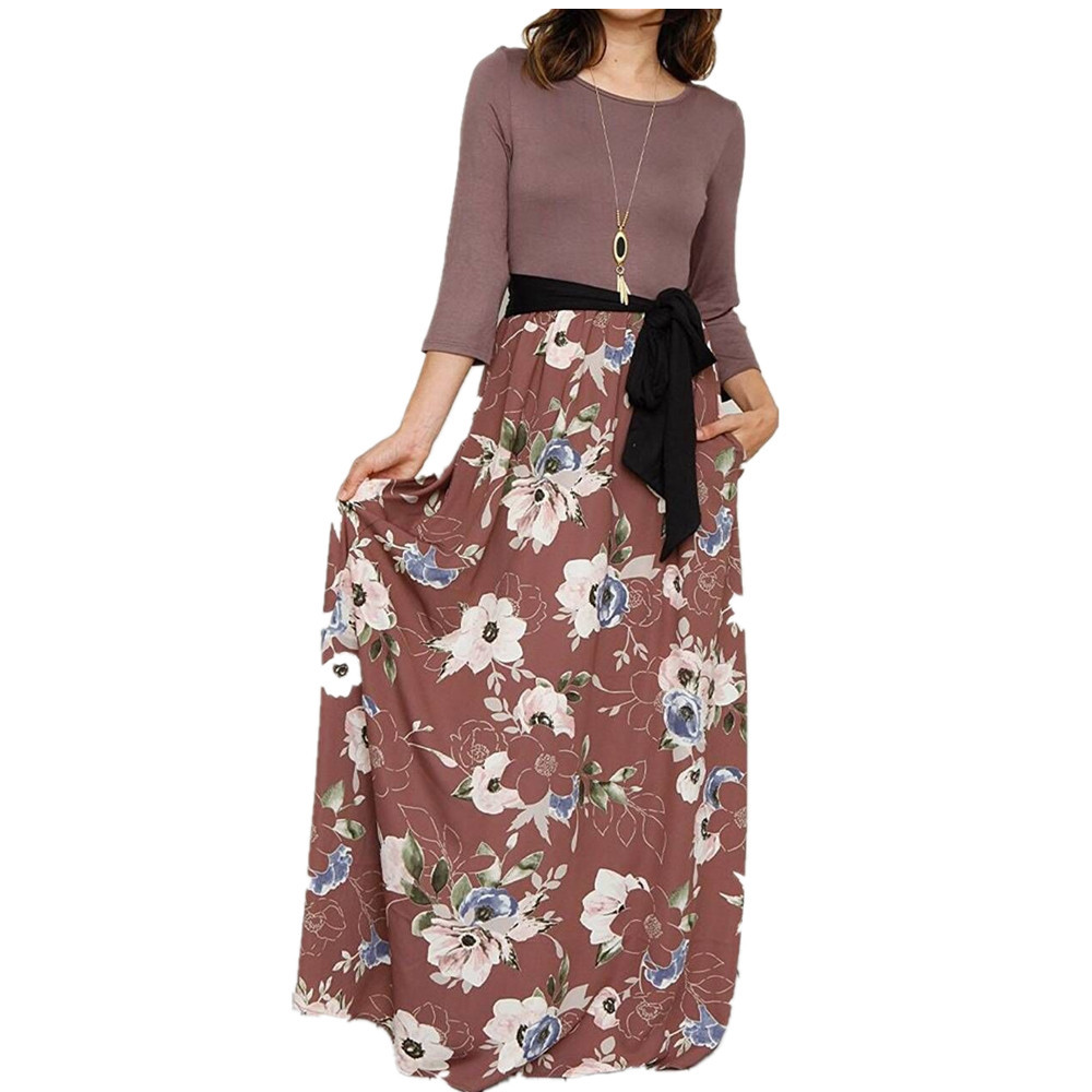 亞馬遜爆款女裝 歐美印花連衣裙 印花大擺長(zhǎng)裙 有口袋 腰帶