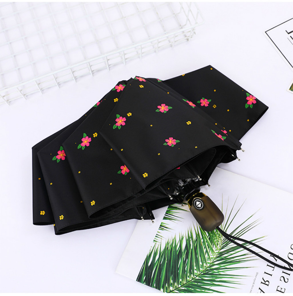 04小清新女士防曬自動(dòng)傘櫻花飛舞黑膠遮陽(yáng)防紫外線雨傘小黑